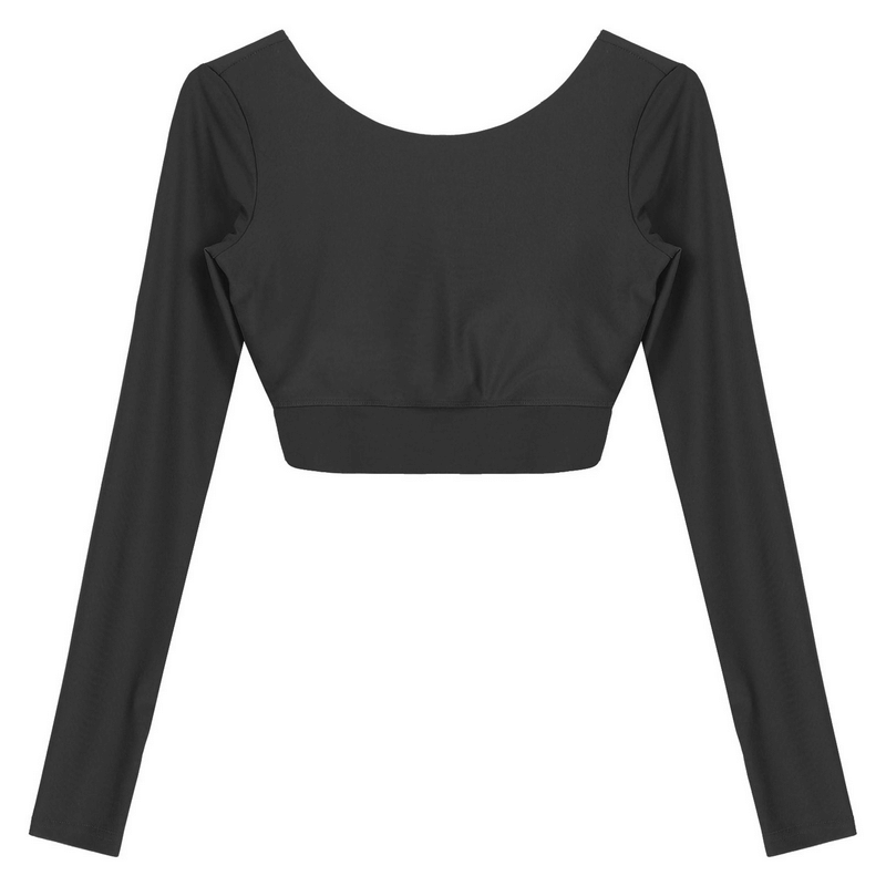 Sports Seamless Long Sleeves Cropped Top with Back Cross Strappy in black, featuring O-neck and modern short hem, style SF1017.